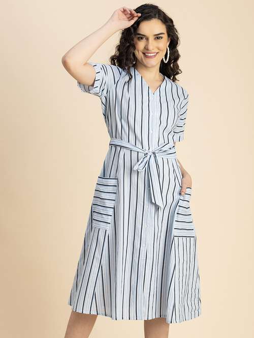 women light blue stripes a-line dress - 20817246 -  Standard Image - 0