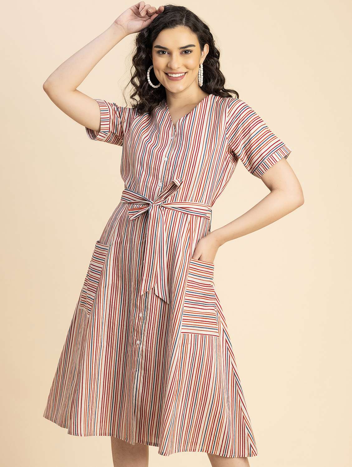 women multicolored stripes a-line dress