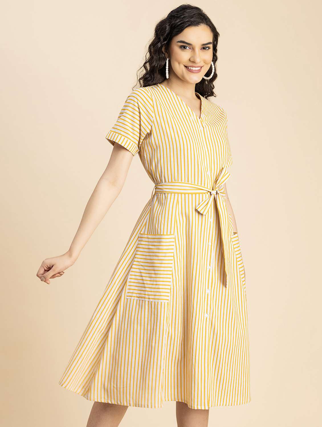 women yellow stripes printed a-line dress - 20817250 -  Standard Image - 1