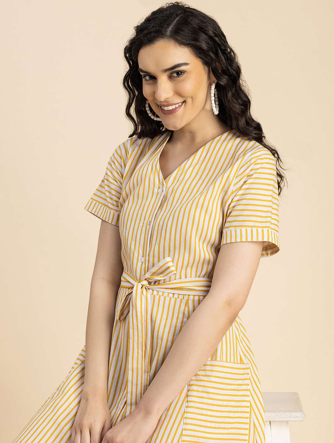 women yellow stripes printed a-line dress - 20817250 -  Standard Image - 4