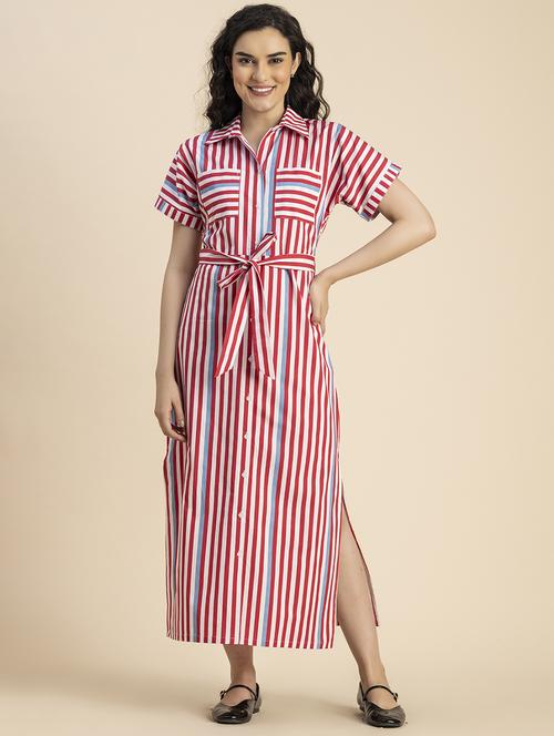 women red stripes printed shirt dress - 20817251 - Standard Image - 0