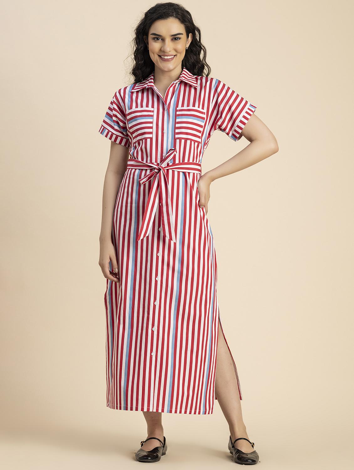 women red stripes printed shirt dress - 20817251 - Zoom Image - 0