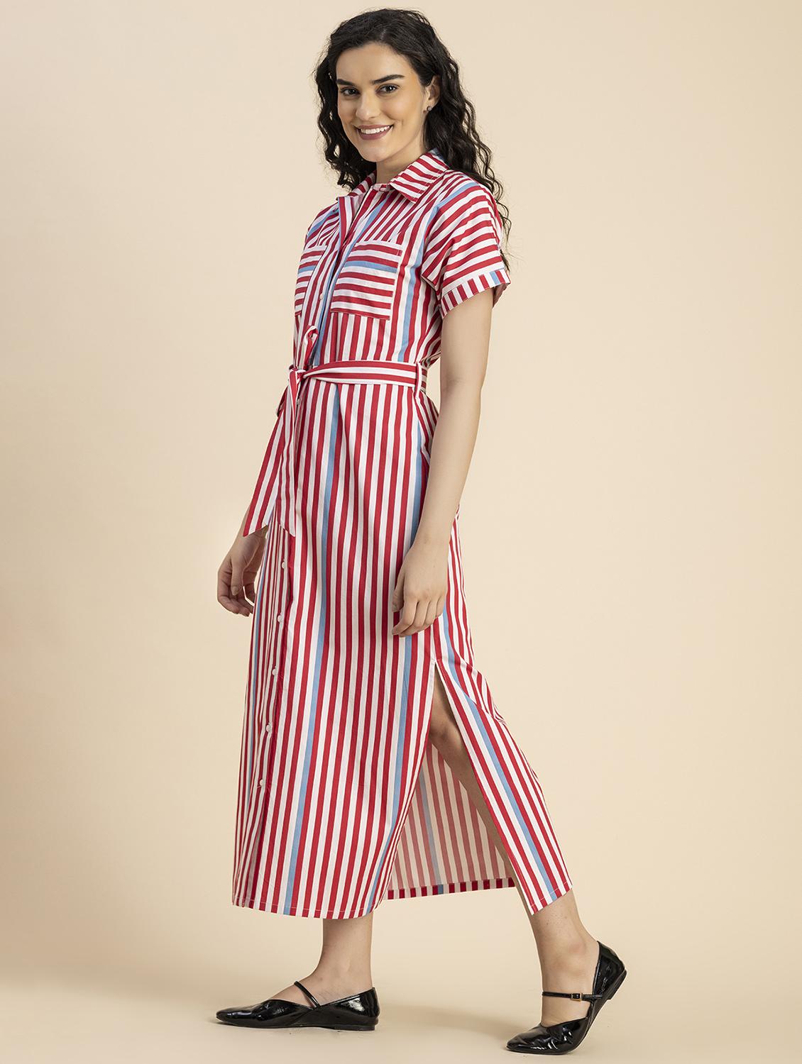 women red stripes printed shirt dress - 20817251 -  Standard Image - 1