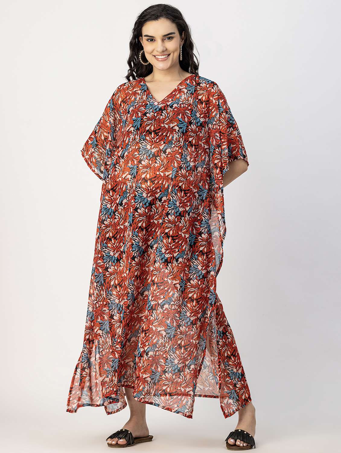 red floral printed kaftan dress