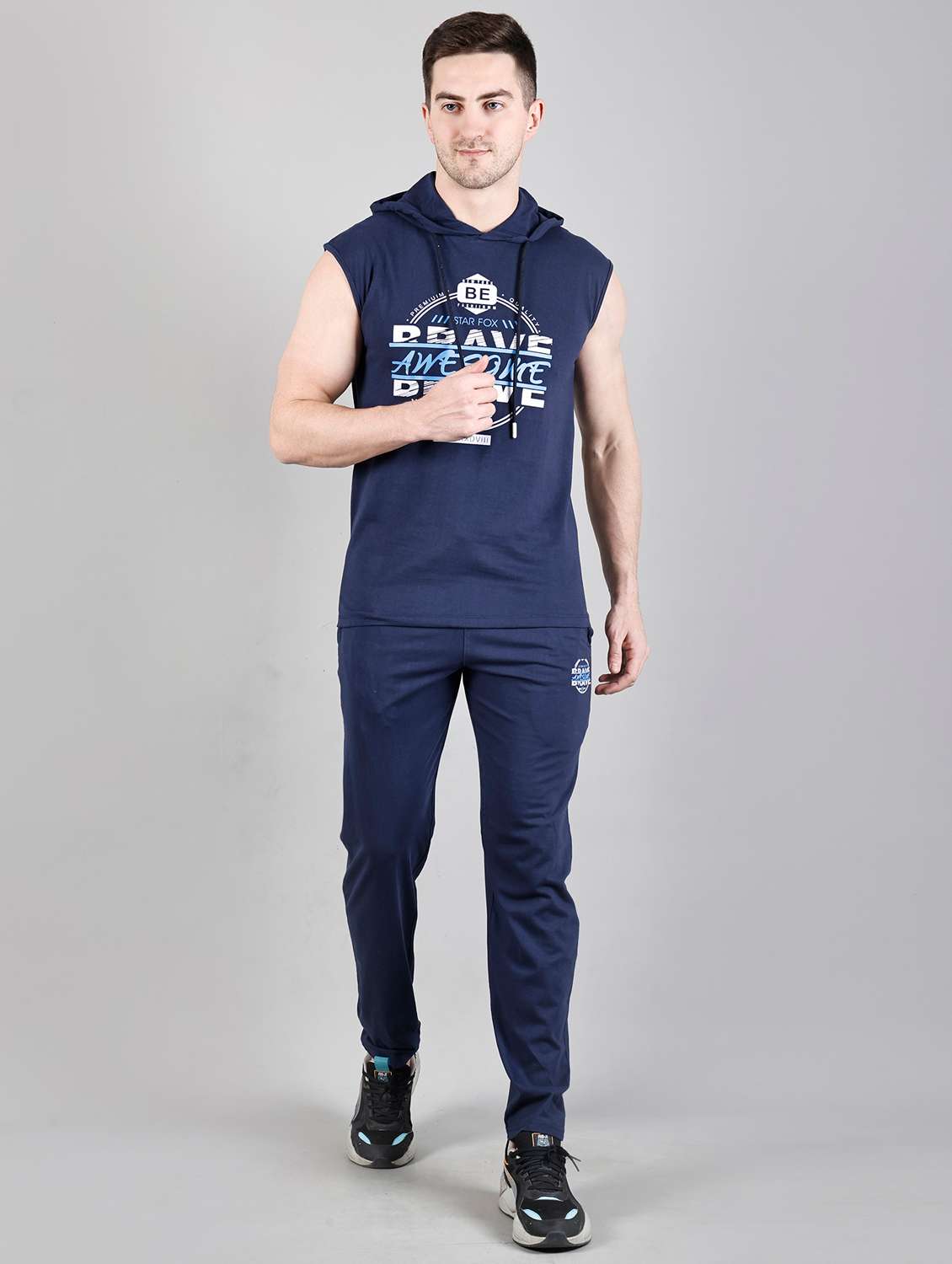 men navy blue printed cotton co-ord set