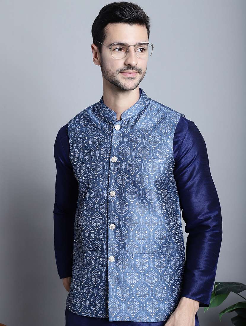 blue silk blend nehru jacket - 20817336 -  Standard Image - 1