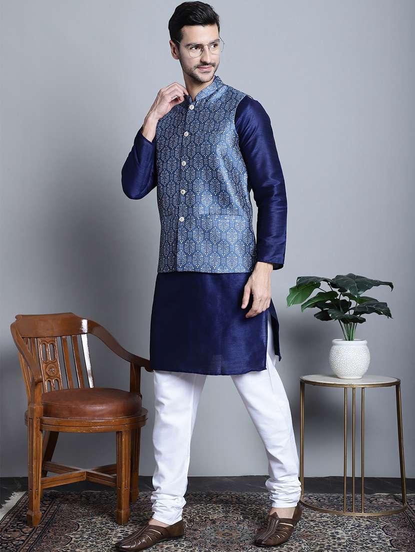 blue silk blend nehru jacket - 20817336 -  Standard Image - 4