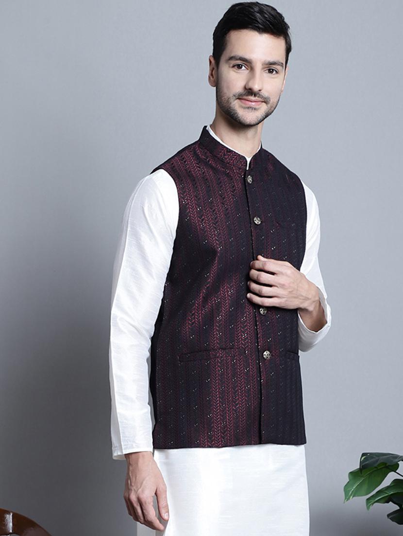 maroon embroidered silk blend nehru jacket - 20817341 - Standard Image - 1