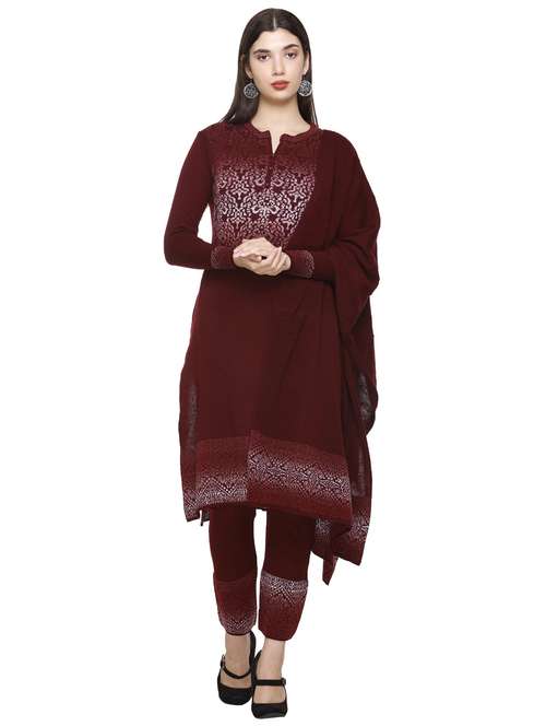 women maroon notch neck kurta pant set with dupatta - 20817770 -  Standard Image - 0