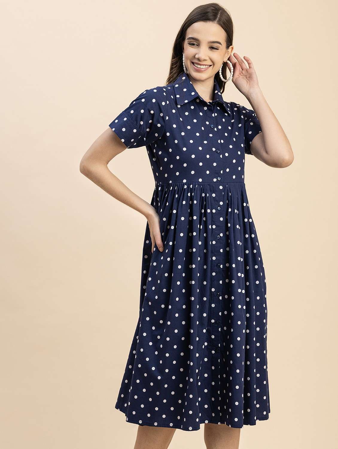 navy blue printed button detailed dress