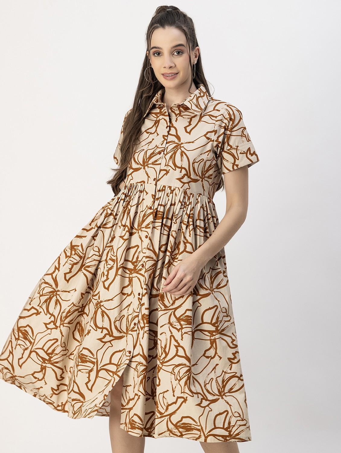 brown printed button detailed dress - 20817891 - Standard Image - 1