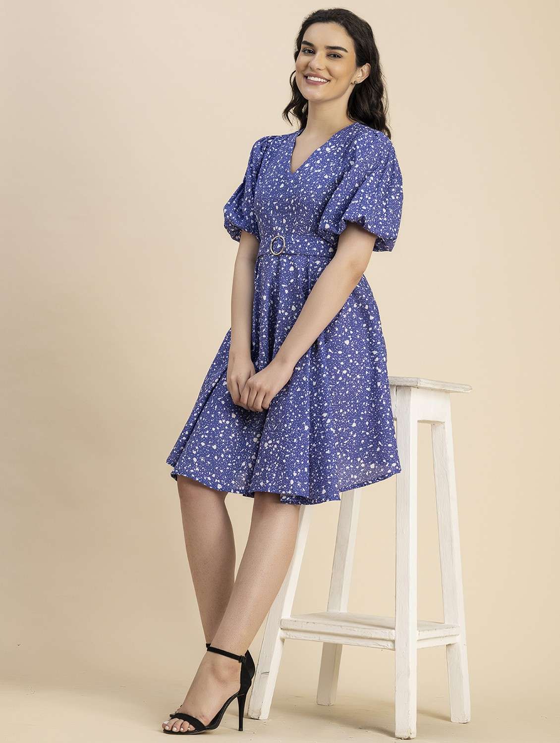 women blue abstract printed fit & flare dress - 20817897 - Standard Image - 4