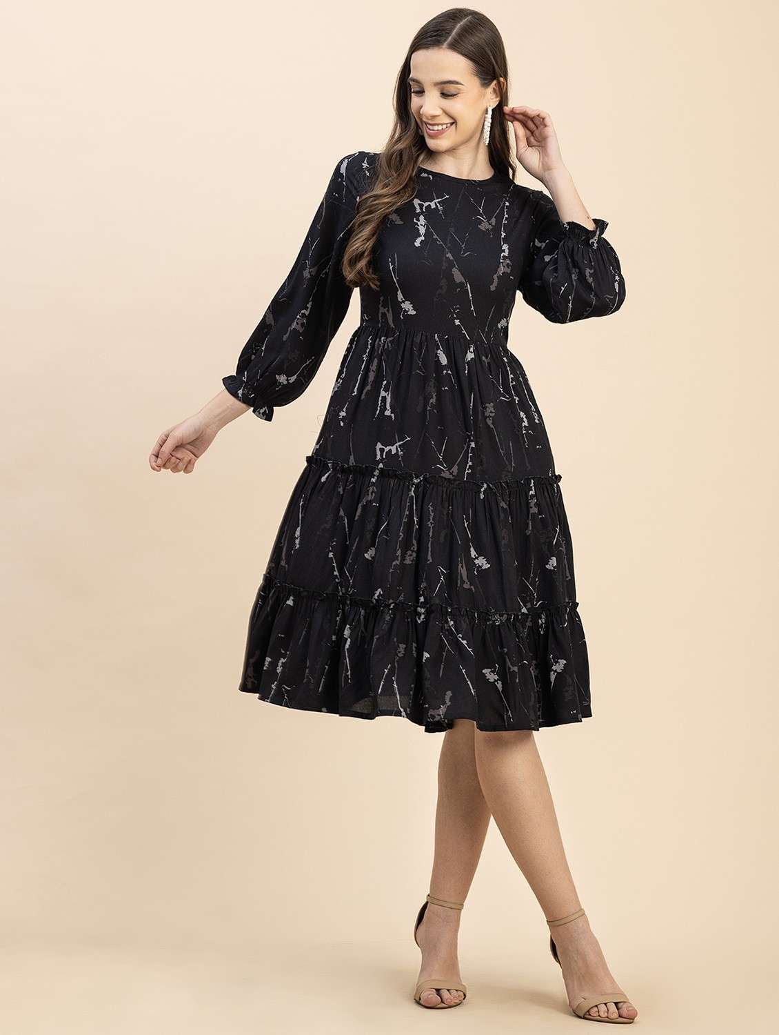 black printed tiered detailed dress - 20817900 -  Standard Image - 4