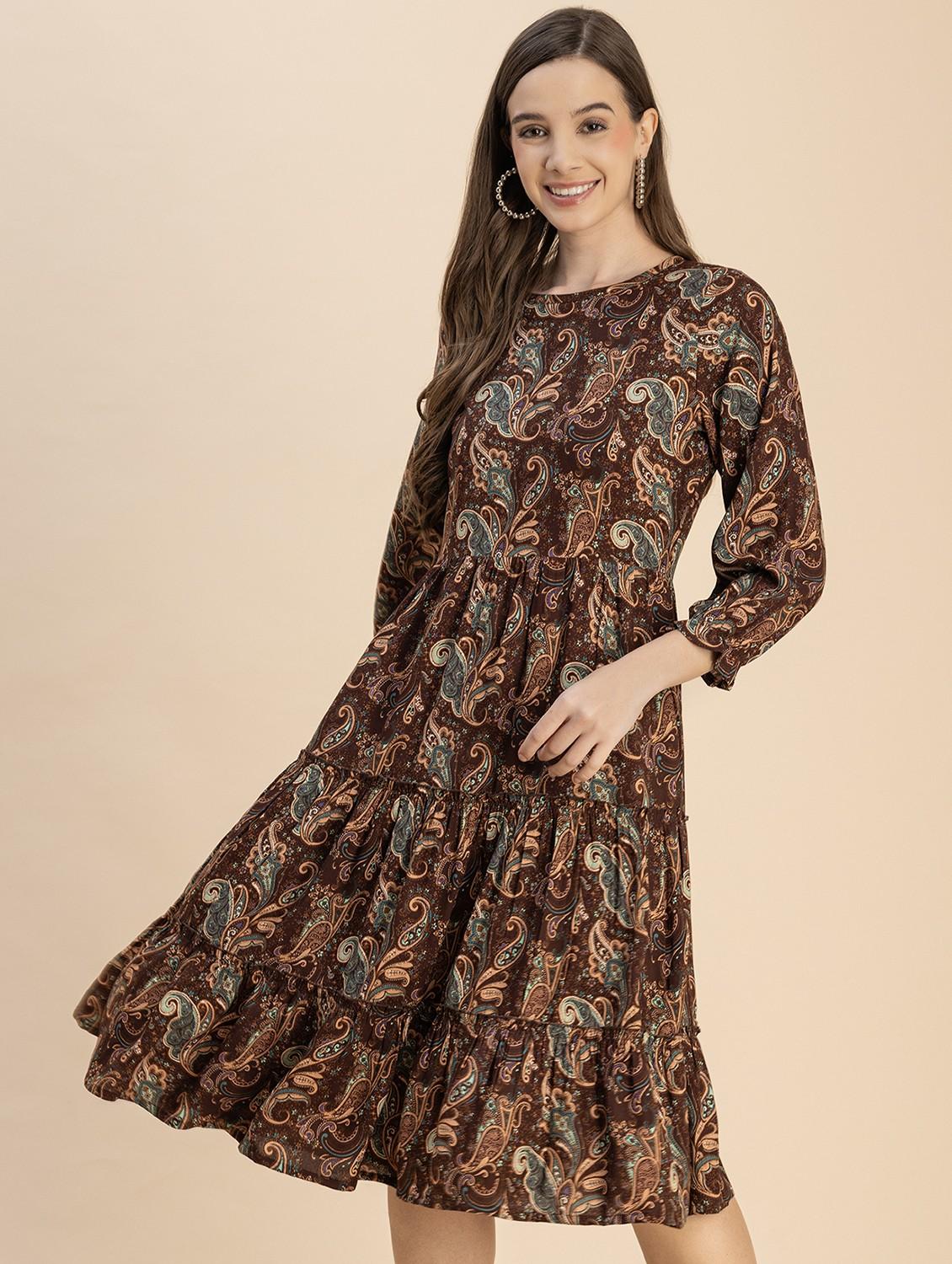 women brown paisley printed tiered dress - 20817901 - Zoom Image - 0
