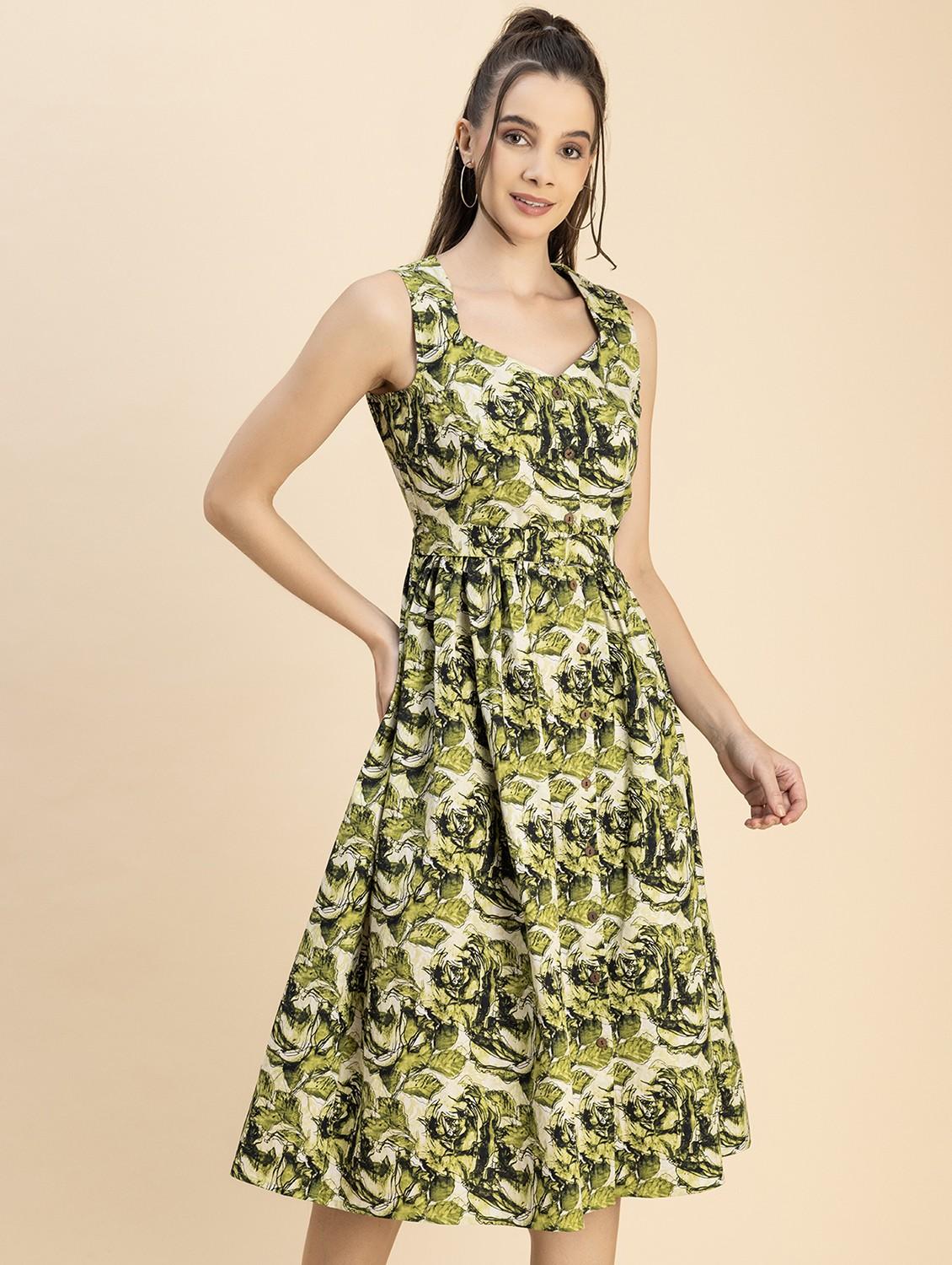 women green printed fit & flare dress - 20817906 - Standard Image - 1