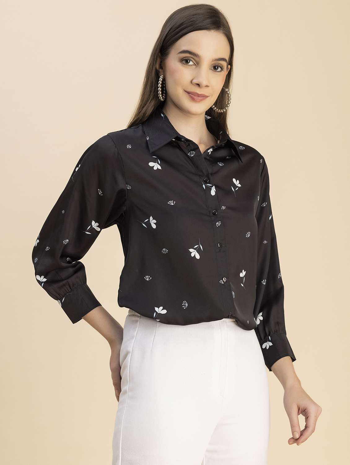 black satin floral shirt - 20817918 - Standard Image - 1