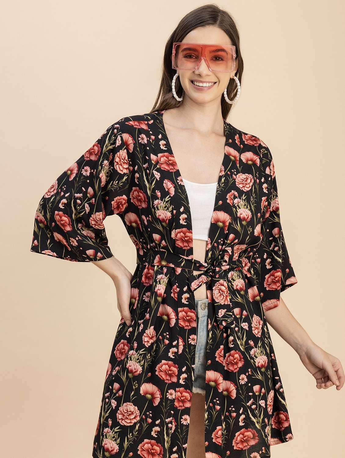black floral printed detailed shrug - 20817926 -  Standard Image - 1