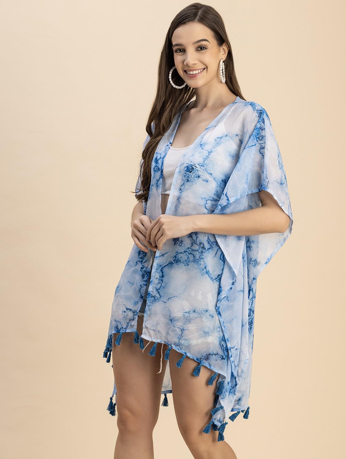 light blue printed detailed kaftan style shrug - 20817931 - Standard Image - 1