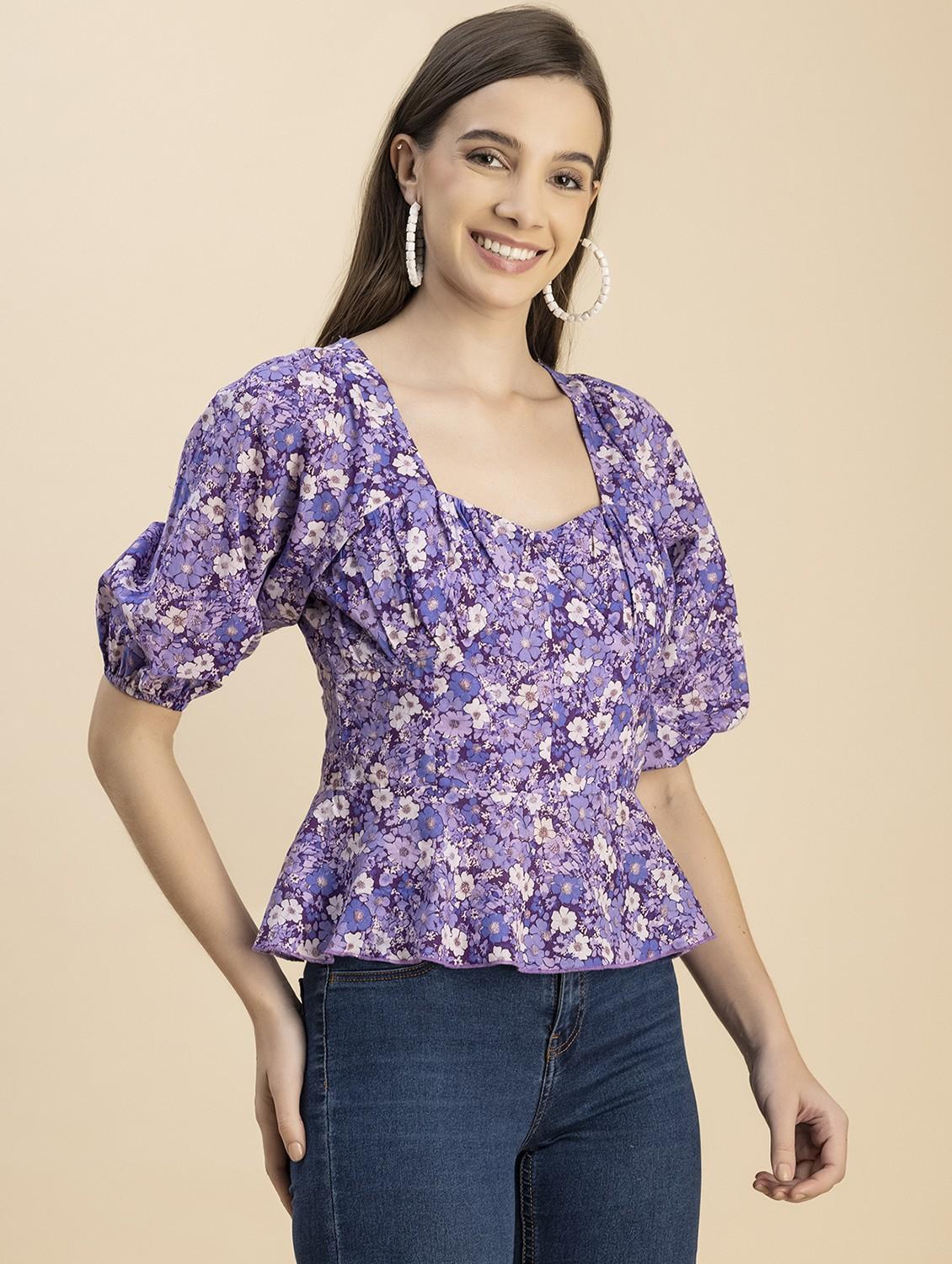purple floral printed detailed peplum top - 20817966 - Standard Image - 1