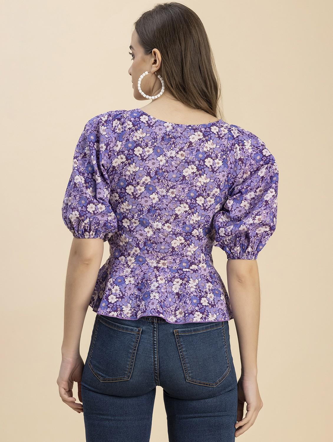 purple floral printed detailed peplum top - 20817966 - Standard Image - 4