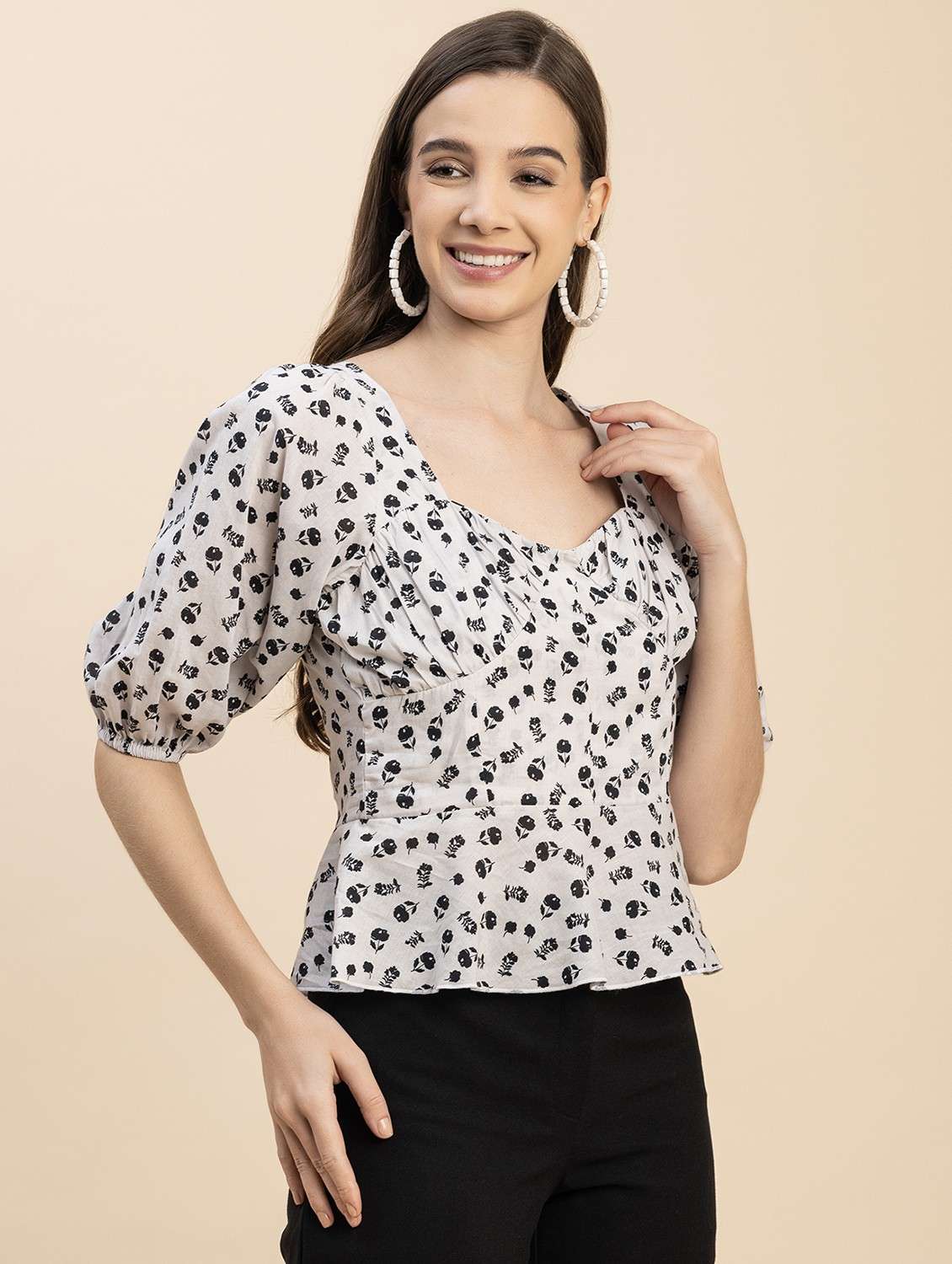 white floral printed detailed peplum top - 20817969 -  Standard Image - 1