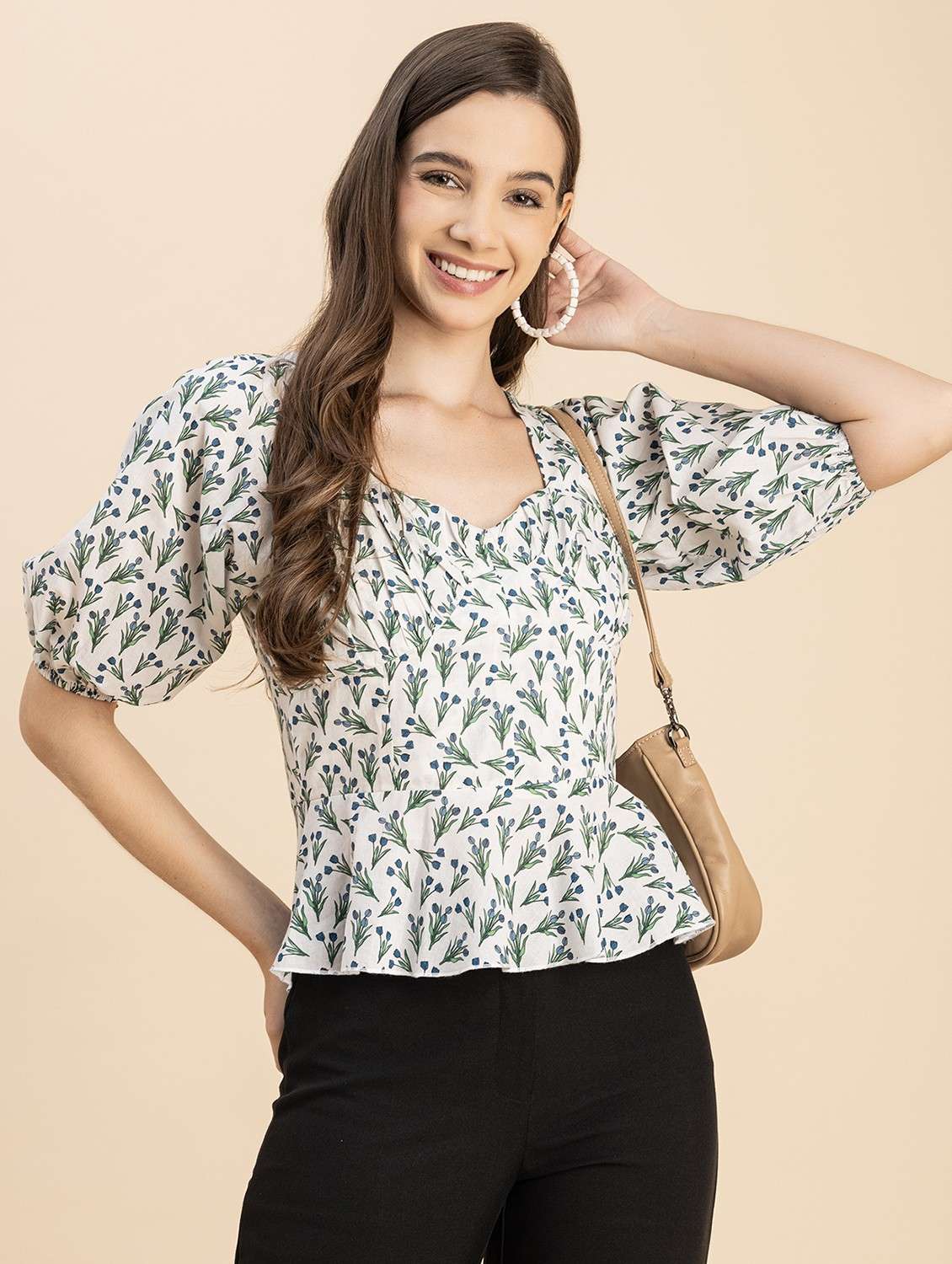 white floral printed detailed peplum top - 20817970 -  Standard Image - 1