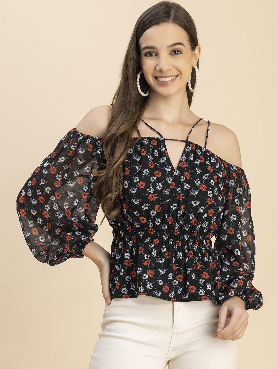 black floral printed detailed peplum top - 20817973 - Zoom Image - 0