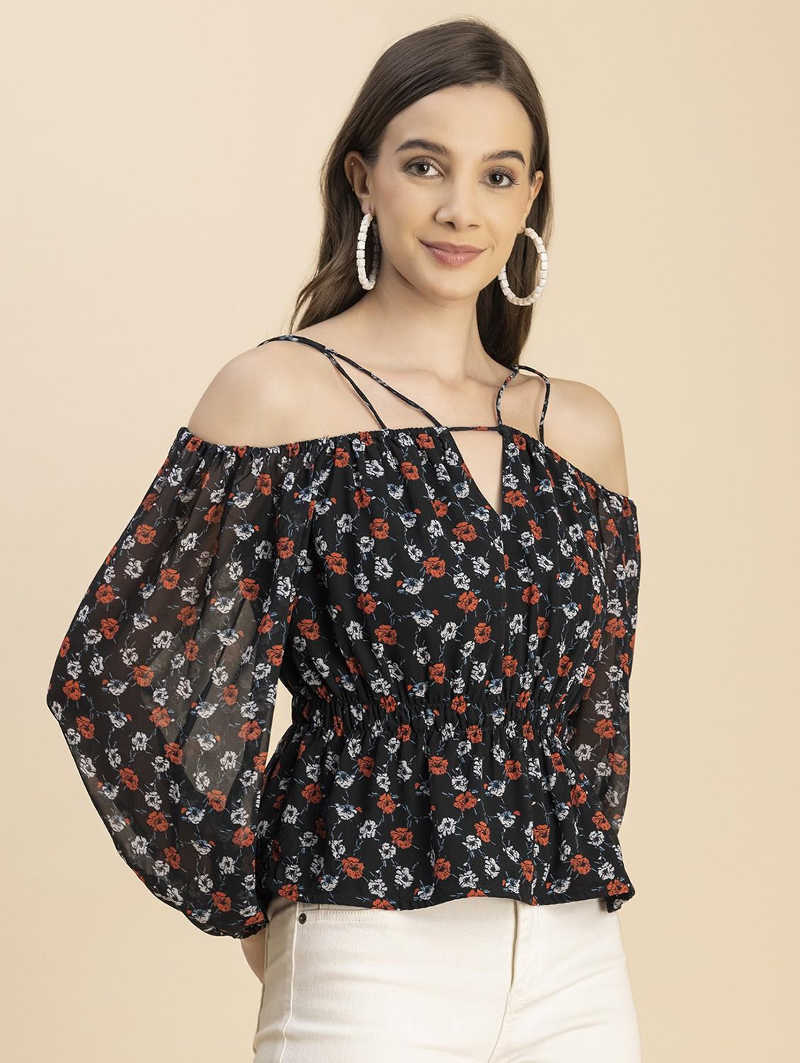 black floral printed detailed peplum top - 20817973 -  Standard Image - 1
