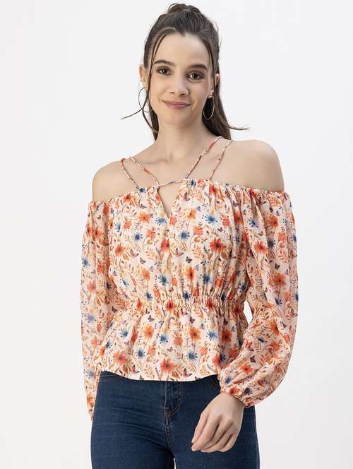 off white floral printed detailed peplum top - 20817975 -  Standard Image - 0