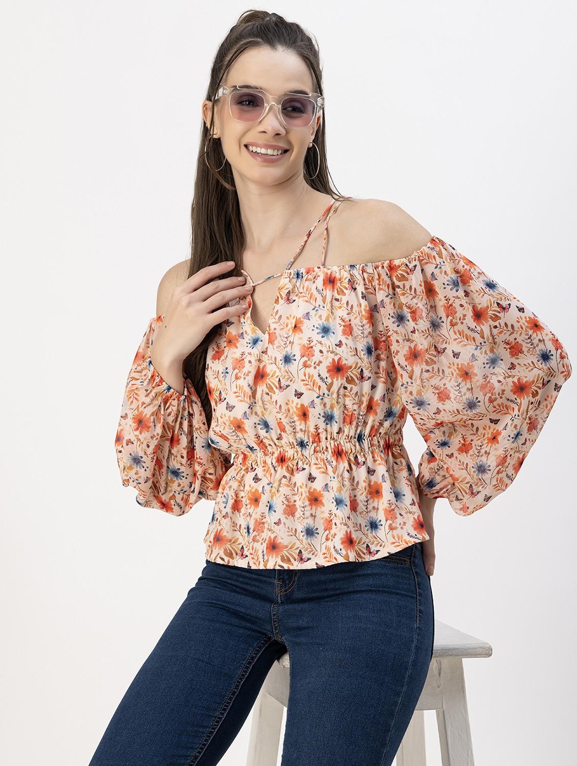 off white floral printed detailed peplum top - 20817975 - Standard Image - 1