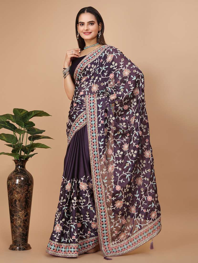 women purple embroidered saree with blouse - 20819348 -  Standard Image - 1