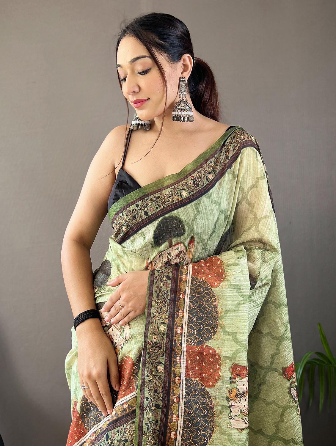 neo mint silk printed saree with blouse - 20820677 -  Standard Image - 1