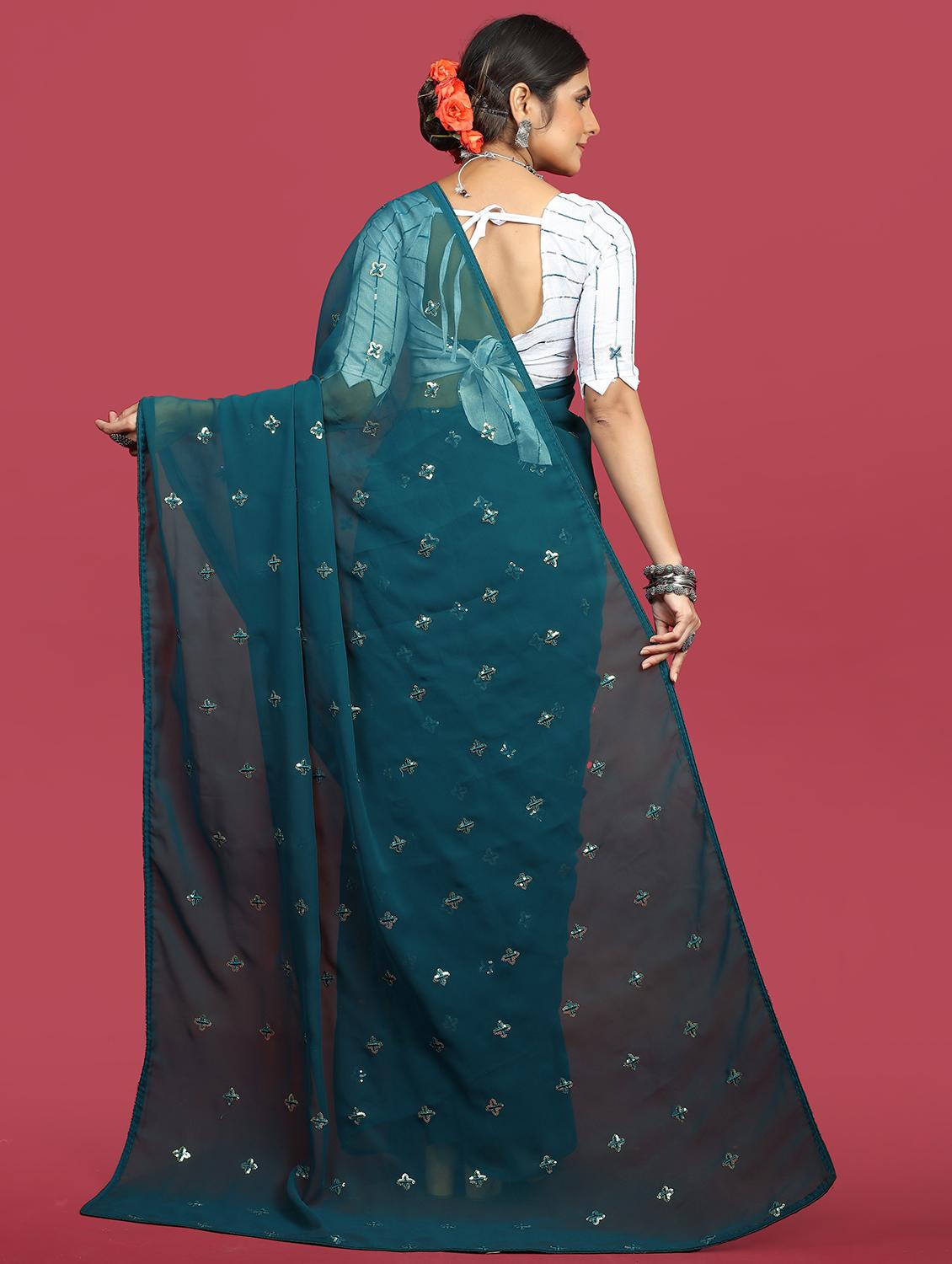 women teal sequin work georgette saree with blouse - 20820705 - Standard Image - 1