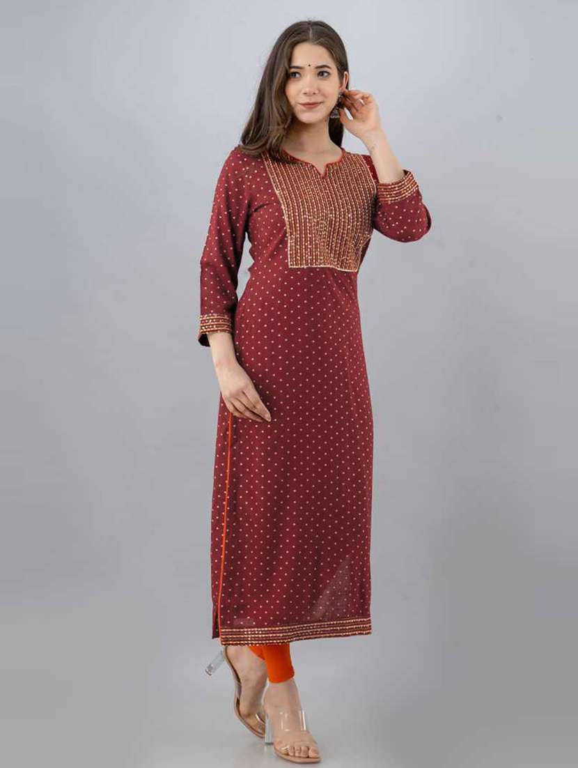 women maroon notch neck straight kurta - 20821101 -  Standard Image - 1
