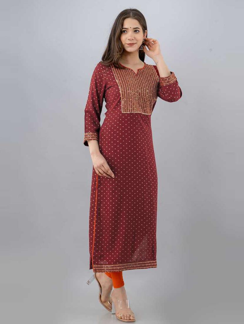 women maroon notch neck straight kurta - 20821104 - Standard Image - 1