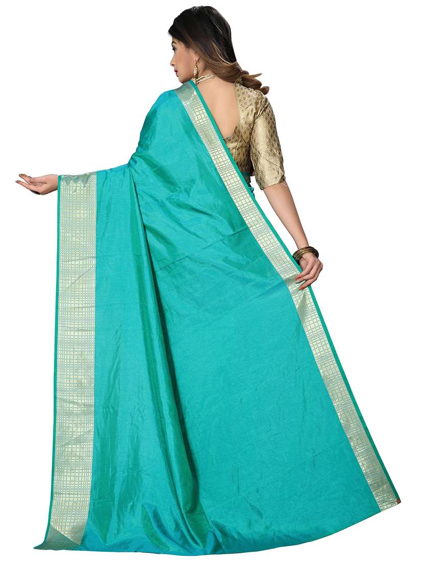 women turquoise solid bordered saree with blouse - 20821872 -  Standard Image - 1
