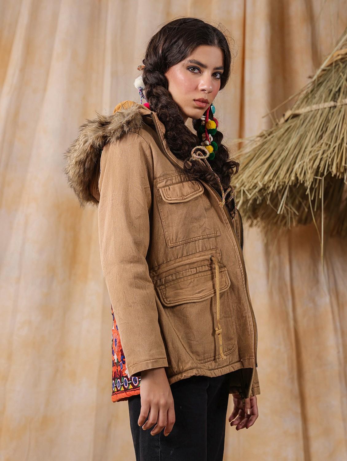 women hooded mirror work regular jacket - 20825204 - Standard Image - 1