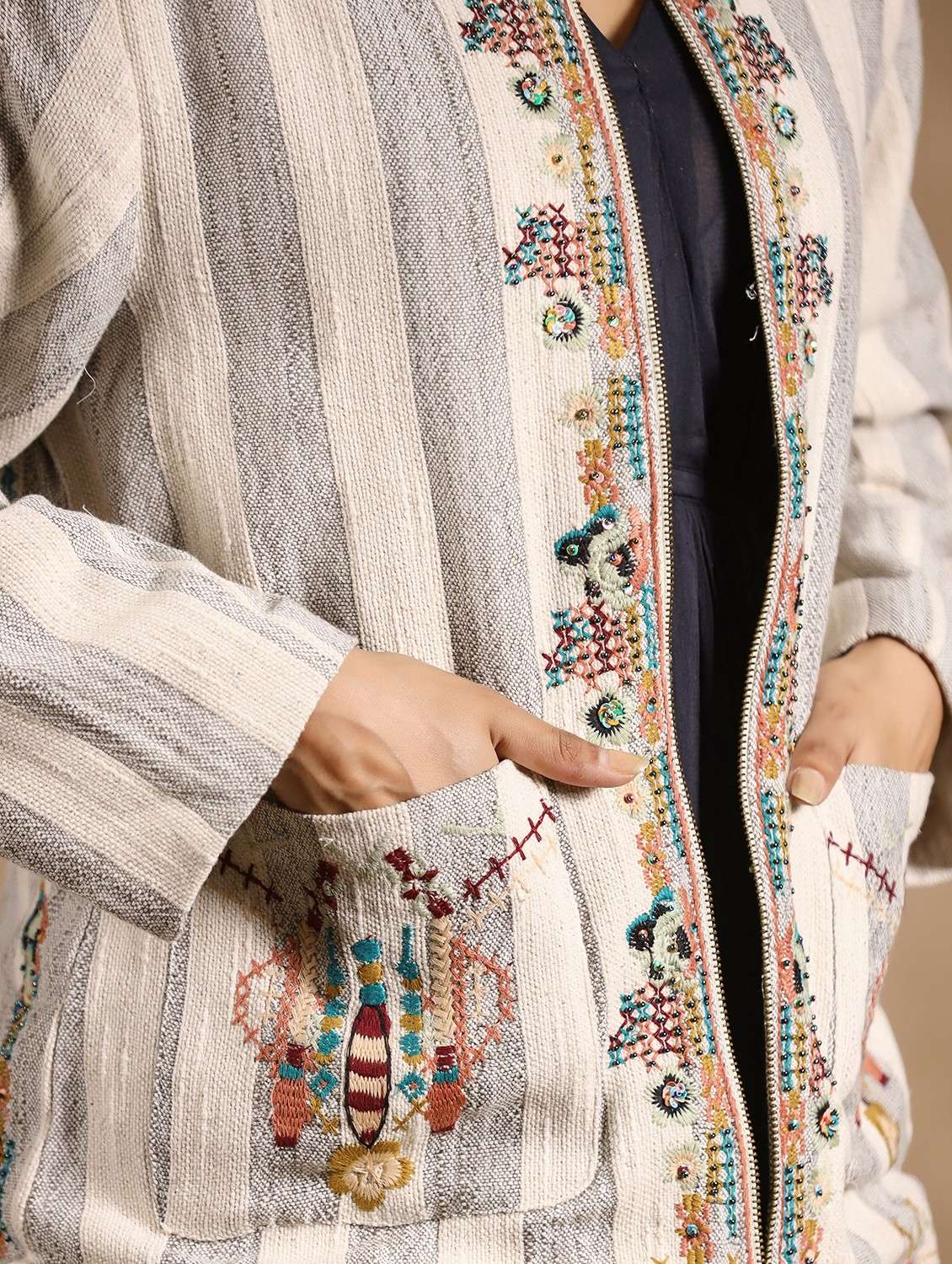 off white stiped embroidered detailed jacket - 20825205 - Standard Image - 6
