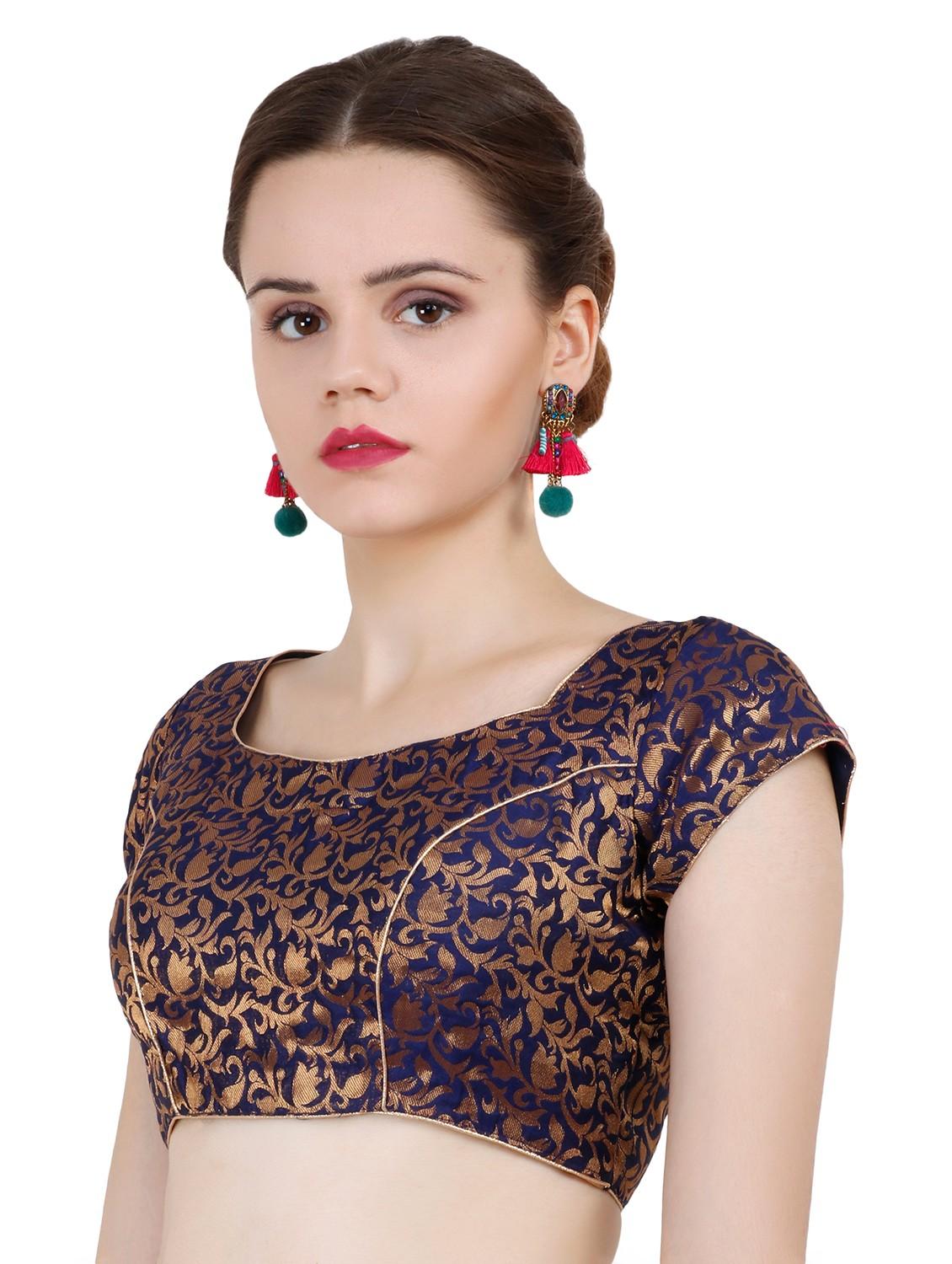 navy blue chanderi brocade blouse - 20825601 -  Standard Image - 1