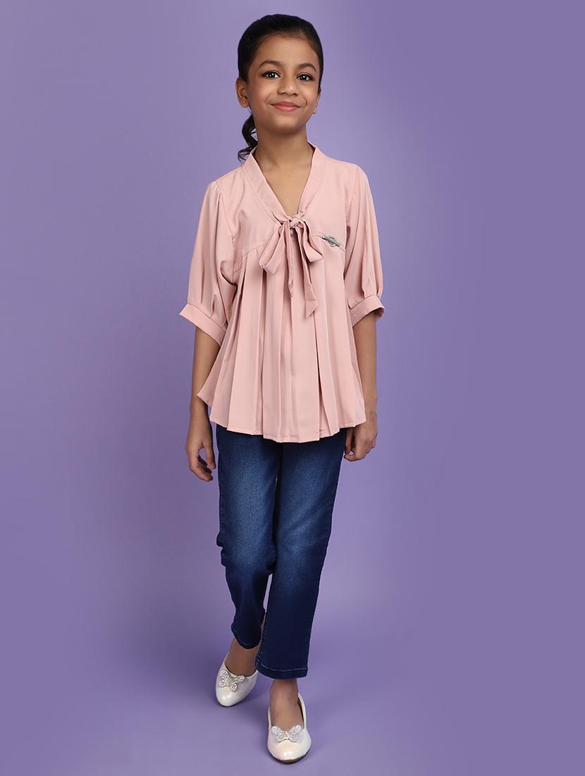 solid pink pleated detailed casual top - 20825607 - Standard Image - 4