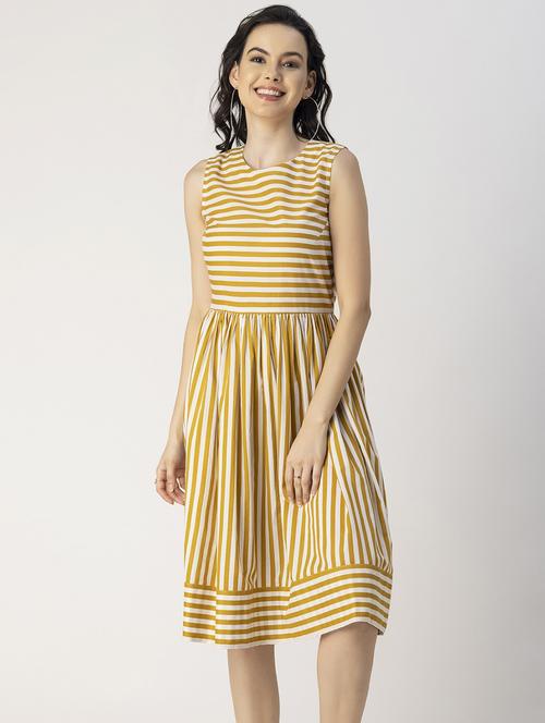 yellow striped detailed fit & flare dress - 20825783 -  Standard Image - 0