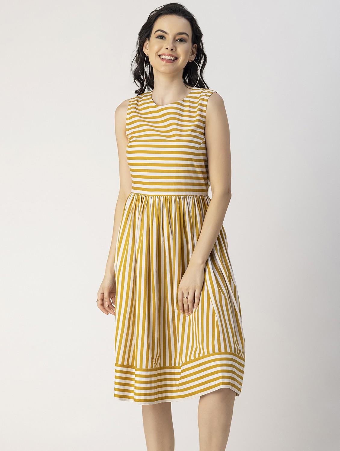 yellow striped detailed fit & flare dress - 20825783 -  Zoom Image - 0
