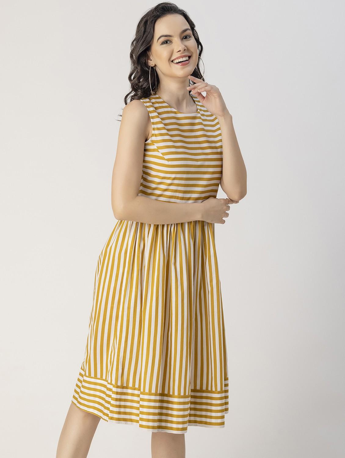 yellow striped detailed fit & flare dress - 20825783 -  Standard Image - 1
