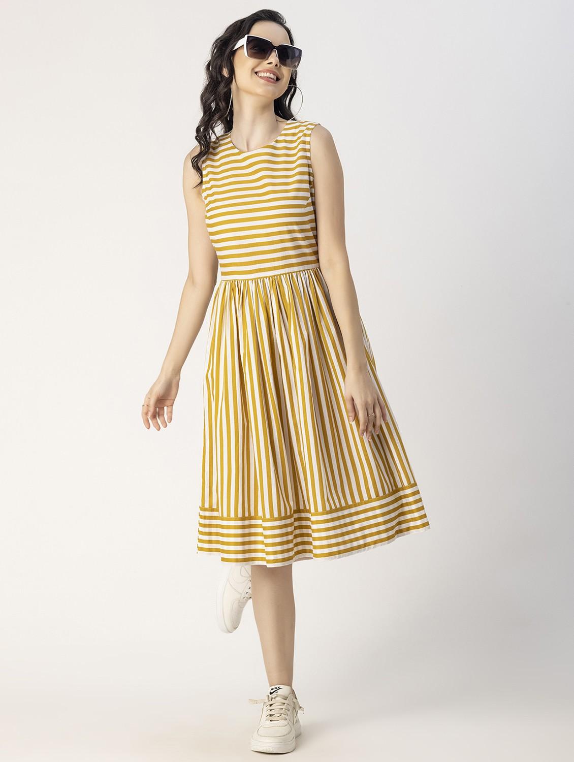 yellow striped detailed fit & flare dress - 20825783 - Standard Image - 4
