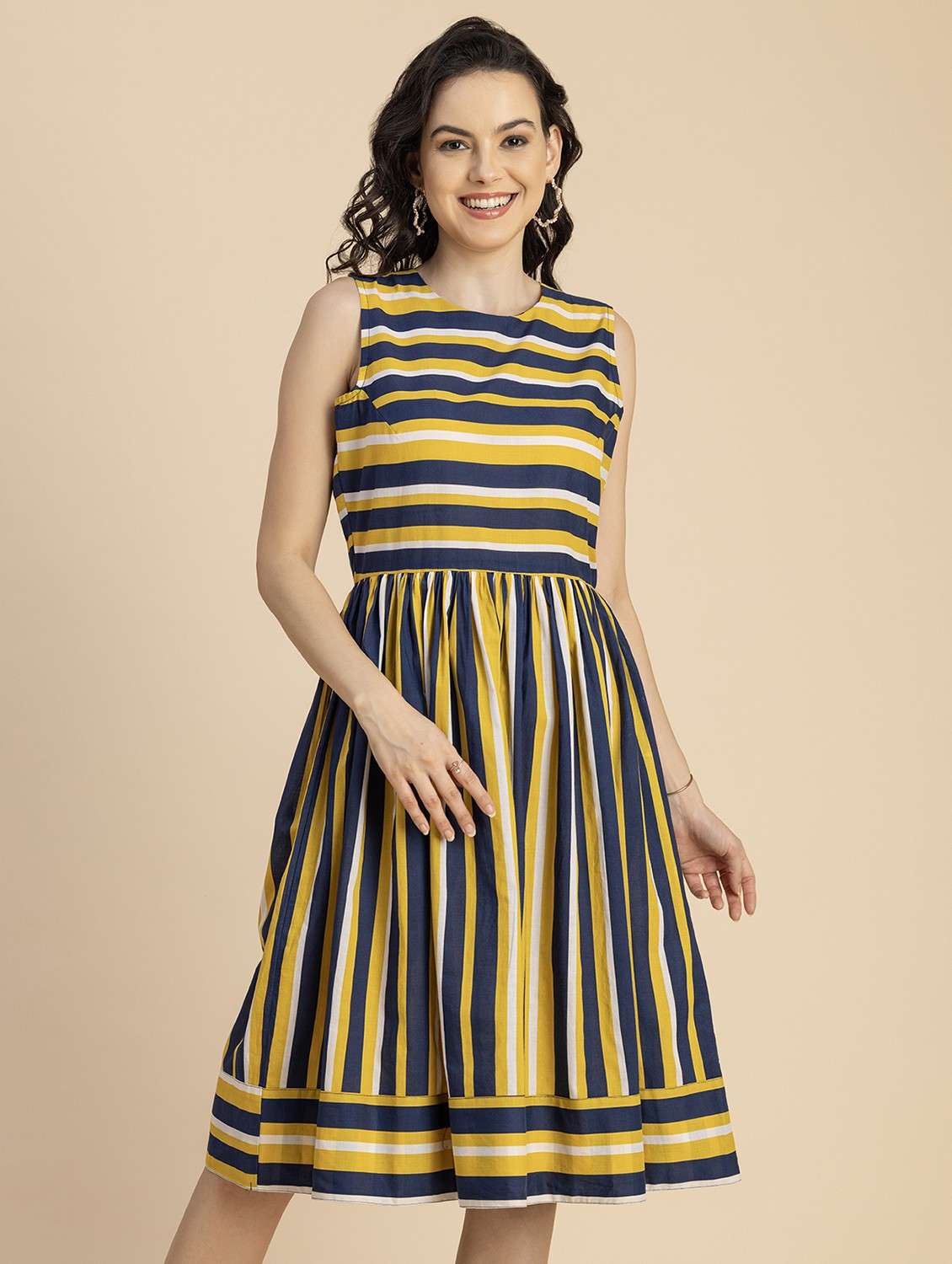 women mustard stripes printed fit & flare dress - 20825784 -  Zoom Image - 0