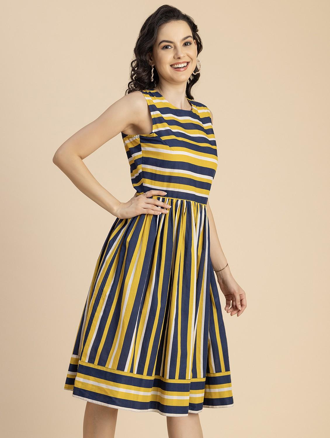 women mustard stripes printed fit & flare dress - 20825784 - Standard Image - 1