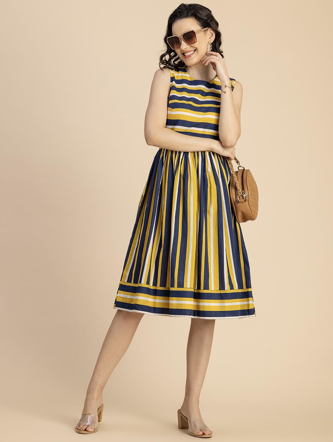 women mustard stripes printed fit & flare dress - 20825784 - Standard Image - 4