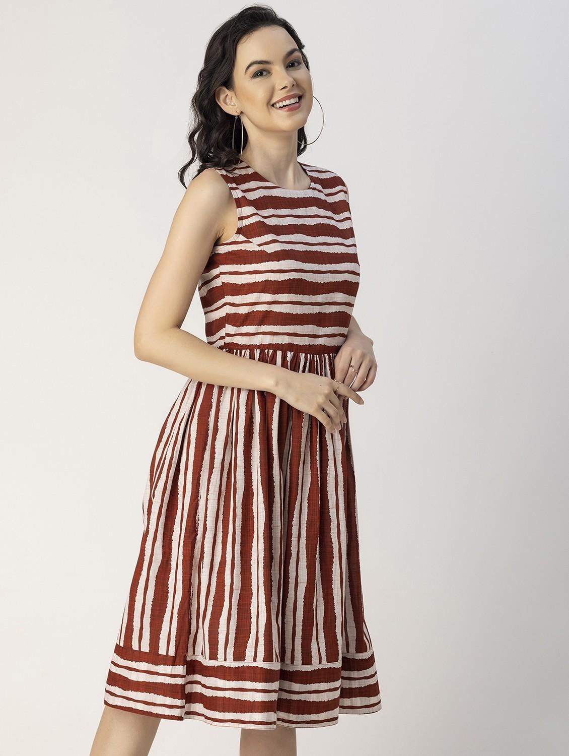 women rust stripes printed fit & flare dress - 20825785 - Standard Image - 1