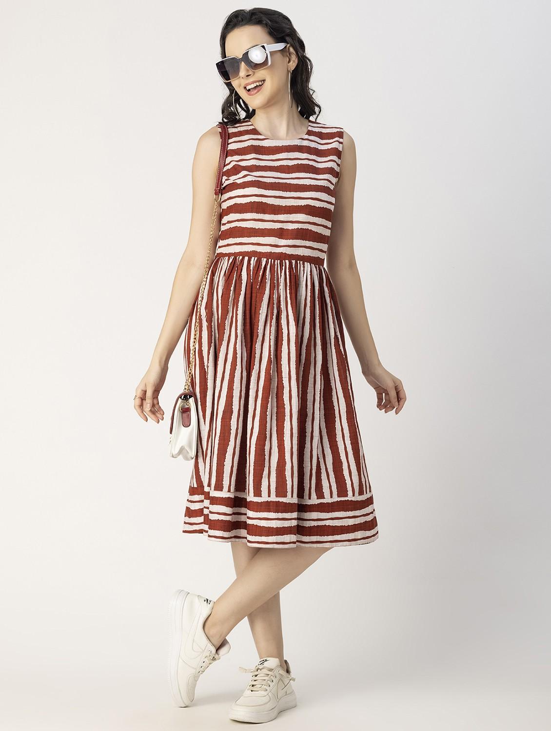 women rust stripes printed fit & flare dress - 20825785 - Standard Image - 4