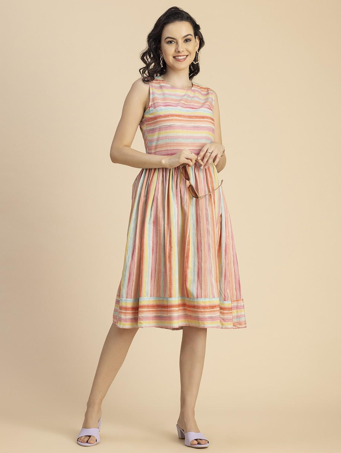 women multicolored stripes fit & flare dress - 20825786 - Standard Image - 4